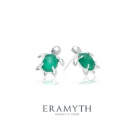 Eramyth : ต่างหู ปักก้าน รูปเต่า เงินแท้92.5 งานหินแท้ (Green Agate) ขนาด 7.5mm ชุบสีเงินขาว SH-0249