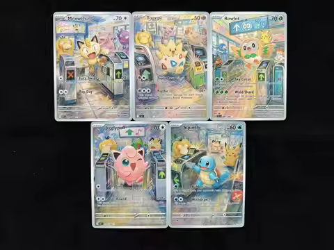 5Pcs Pokemon crayon style Meowth Jigglypuff Squirtle Togepi Rowlet holo cards Pokemon gift Art Pokem