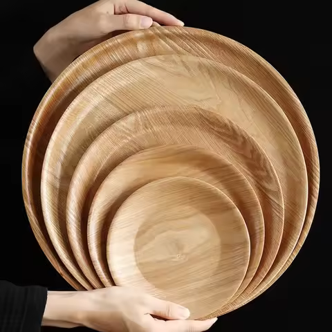 Wooden Dinner Plate Round Dessert Plate Wood Plate Coffee Cake Tray Bakery Bread Display Tray Kitche