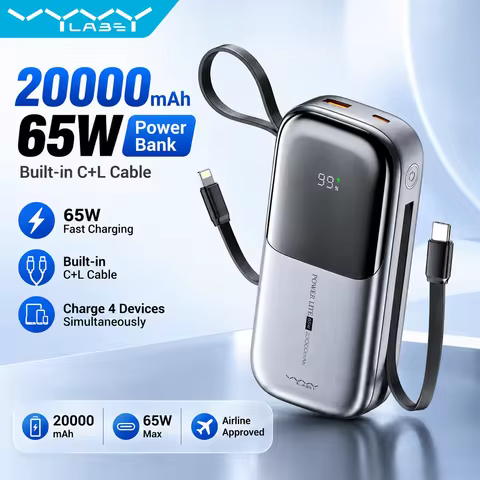 20000mAh Power Bank PD 65W Fast Charging with Type-C & Lightning Cable External Battery Powerbank fo