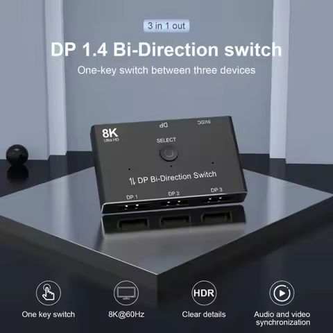 8K DisplayPort 3 Port Bidirectional Switch Splitter DP 1.4 1x3 Switcher 8K@60Hz 4K@144Hz for Switch 