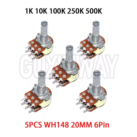 5pcs WH148 20MM 6Pin Dual Potentiometer 1K 2K 5K 10K 20K 50K 100K 250K 1M Ohm Variable Rotary Carbon