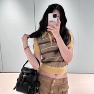 Epg4 Mi*U Yellow Brown Striped Epaulette Letter Embroidery Polo Shirt