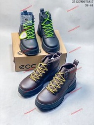 ECCO愛步高幫男鞋厚底馬丁靴防水減震撞色美式工裝靴皮靴 牛皮革鞋面