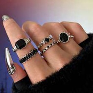 5pcs/Set Ins Style Faux Black Gemstone Diamond Shaped Rings, Multi-Element Black Crystal Ring Set Fo