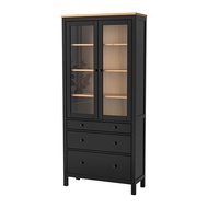 HEMNES 玻璃門櫃/3抽, 黑棕色/淺棕色, 90x198 公分