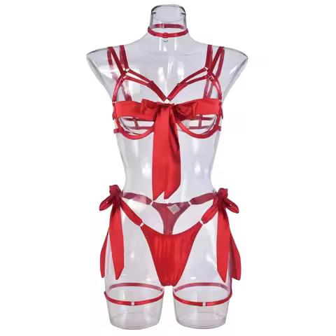 Bondage Lingerie Set Women Cupless Bra Garter 4-Piece Sheer Mesh BDSM Outfit with Lace-Up Design