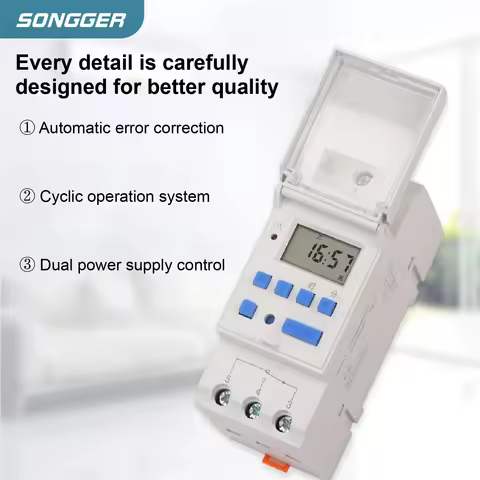 Programmable DIN Rail Digital Timer Switch 2P 220VAC 12V / 24V DC 15A 16 On Off Schedules 15min-24h 