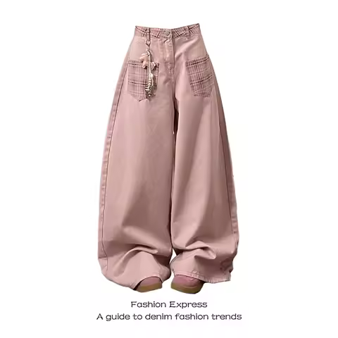 ZHIZOU Women Gothic Emo Y2k Pink Jeans Vintage Harajuku Jean Pants Japandi Style Baggy Grunge Denim 