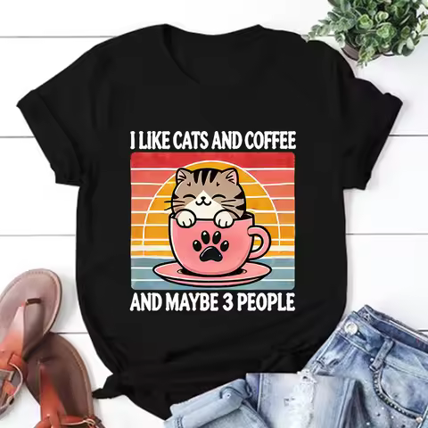 Cat I Like Cats And Coffee And Maybe 3 People Print T-Shirt Women Men Summer Casual Short Sleeve Rou