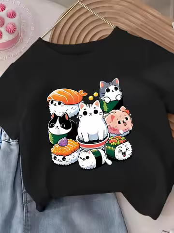 Adorable Cat Sushi Cartoon Print Kid T-Shirt Soft Round Neck with Fun Food Design for Summer Casual 