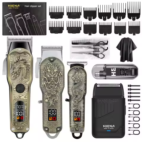 HIENA 5pcs Professional Hair Clippers for Men, Cordless Barber Clippers with Precision Trimmer and D