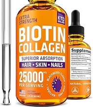 KTD BIOLABS Biotin &amp; Collagen Liquid Drops 25,000 mcg - Made in USA - Hair, Nails, and Skin Vitamins for Women &amp; Men - High Absorption Liquid Collagen Peptides &amp; Biotin Supplement - 2 fl oz/2 Months