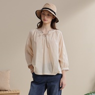 [CUMAR] Cotton Embroidered Lace Laced-Up Top White Apricot