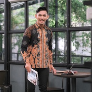 BATIK TRUSMI Kemeja Batik Pria Lengan Panjang LKK Mega Mendung Coklat BNA Cocok Untuk Kerja dan Kond