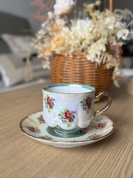 （特價微瑕）日本製昭和貝殼釉花卉咖啡杯 茶杯 陶瓷 瓷器 古董