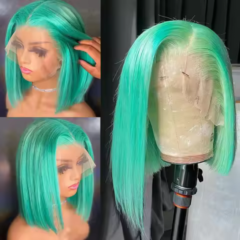 13x4 Lace Front Wigs Human Hair Mint Green Colored Short Bob Human Hair Wigs For Women HD Transparen
