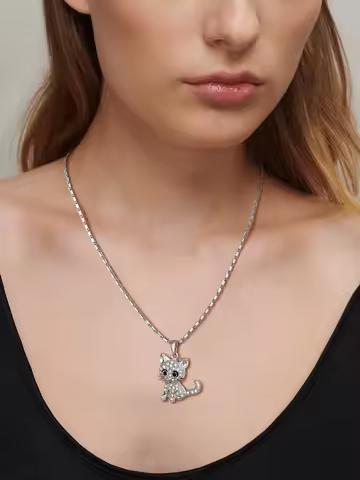 U7 A+++Clear White CZ Cat Pendant Necklace for Women Girls Daughter 20+2 inches Flat Band Chain Jewe