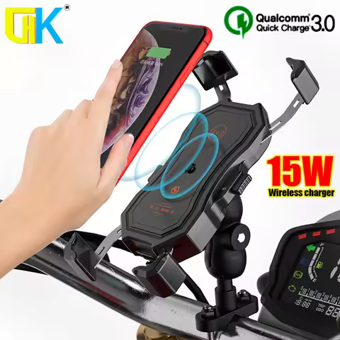 HKGK Mobile Phone Holder Motorcycle Wireless Charging with QC3.0 USB Qi Charger GPS Navigation Mount