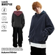 500G Fleece Lining Washed Distressed American Fake Two-Piece Checked Hooded Sweatshirt Zipper Cardig