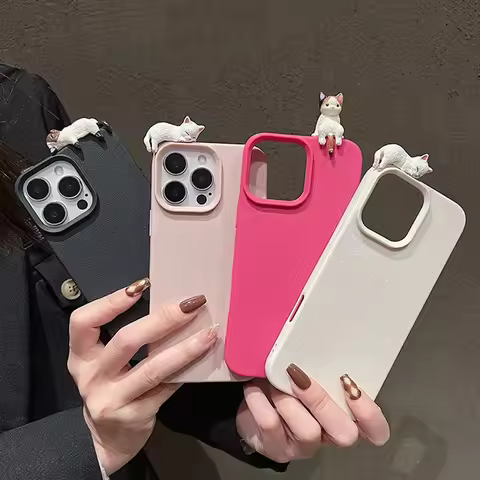 Cute 3D Cartoon Lying Cat Lychee Pattern Leather Phone Case For iPhone 17 16 15 13 11 12 14 Pro Max 
