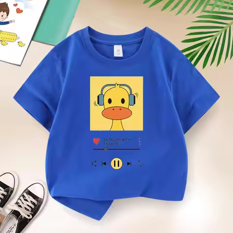New Y2K Tops Ducks Listening To Music Graphic Print Baby Boys T-shirt Yellow Cotton Kids Tops Tee Su