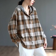 เสื้อเชิ้ตลายสก็อตแขนยาวทรงหลวมสไตล์ลำลองฤดูใบไม้ร่วงสำหรับผู้หญิงไซส์ใหญ่ เสื้อคลุมกันหนาวแบบมีฮู้ด