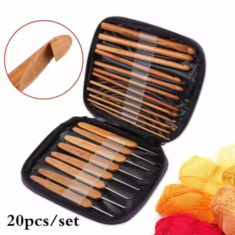 20 Pcs/set Crochet Hook Steel Knitting Needles Knit Bamboo Handle Needles Circular Knitting Needles 