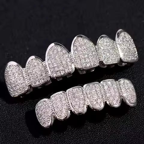 Hip Hop Teeth Grillz Set Top & Bottom Set Rhinestone Dental Grills Tooth Caps Removable Design Zirco