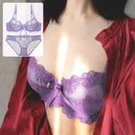 Purple Transparent Sexy Underwear Set No Sponge Lace Underwire Push Up Bra And Panties Plus Size Wom