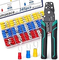 smseace 251pcs Crimping tool with #8(M4) Fork Spade Connectors 22-10AWG Wire Fork Connectors U-Type 