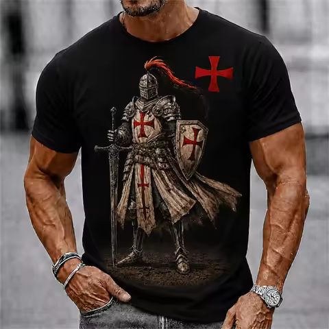 Templar 3D-Printed T-Shirt Knights Templar Men's Graphic T-Shirt Retro 3D-Printed Cross Knight T-Shi
