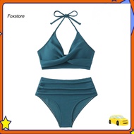 [Fx] Pleated Bikini Set Bikini Set with Pleated Design 2pcs Summer Bikini Set Women Halter Padded Br