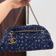 CHANEL 香奈兒 藍色 毛呢 編織 鍊條包 肩背包 側背包