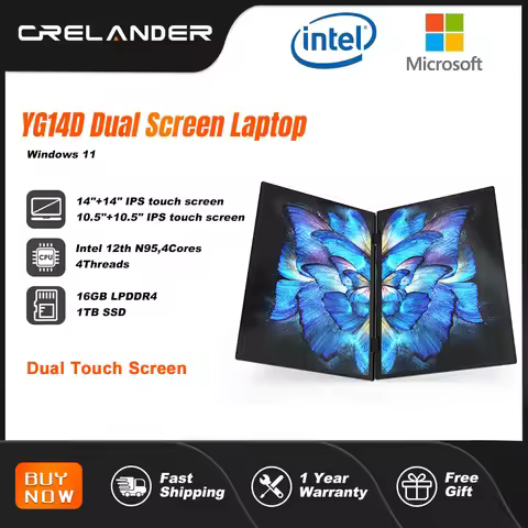 CRELANDER Mini Laptops 14 Inch 2240*1440 Double Touch Screen Intel Processor Foldable Tablet PC Wind