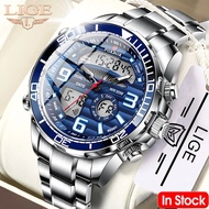 LIGE Fashion Jam Tangan Lelaki Digital Luminous Steel Watch Men's Sport Waterproof Quartz Wristwatch