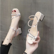 My Feet. Women's Luxury 5cm Block Party Heels Sandals with Diamond Strap, Glossy Synthetic Leather, 