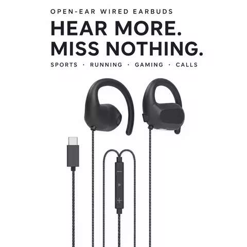 Open Ear Clip On Earphones Wired Earbuds for Sports Running Gaming with Microphone
