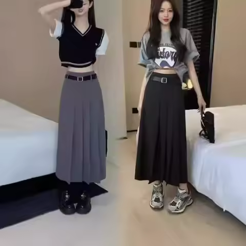 A- Line Midi Skirt with Invisible Chain And Belt Checkered Fabric Hundred Pleats Design Polyester Fi