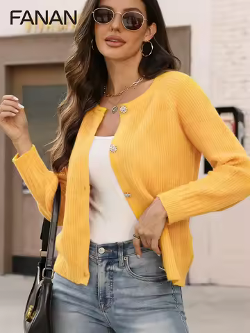 New Autumn, Spring, and Summer Cardigan Sweater for Women, Yellow Loose Round-Neck Knit Cardigan, Ca