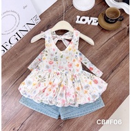 F06 Set áo hoa nhí 2 màu quần sooc bò jean cho bé gái