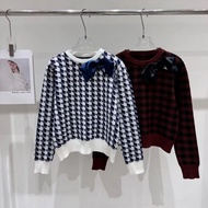 QVOW DO ** 2025 Autumn Winter Houndstooth Bow Knot Sweater Contrast Color Pullover Sweater