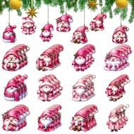 24PCS Wooden Pink Christmas Gnome Ornaments - Festive Designs with Gifts & Hot Cocoa Motifs, Hanging
