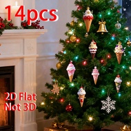 14pcs 2D Flat Ice Cream Christmas Tree Topper Decorations - Christmas Ornaments With Hanging Rope, A
