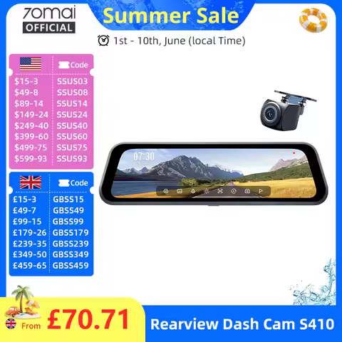 70mai Rearview Dash Cam S410 9.35" Mirror Display Front 2K Rear 1080P F1.55 Aperture Supercapacitor 