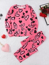 Casual Heart Print Pajama Set  Long Sleeve Crew Neck Top &amp; Elastic Pants For Valentine's Day Women's Sleepwear &amp; Loungewear