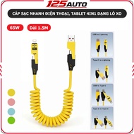 XO 65W Car Phone Charging Cable, 4in1 Retractable Spring Fast Charging Cable, 65W Tablet for Car