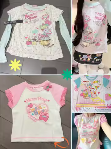 Sweet Kawaii Cartoon Tshirts Polka Dot Print Women T-shirt Loose Casual Contrast Color Cute Graphic