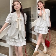 M-2XL Summer Suit French Retro Striped Bow Tie Puff Sleeve Shirt High Waist Cake Skirt Age-Reducing 