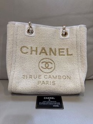 CHANEL香奈兒 黑卡28開 白色毛呢編織沙灘包 25cm